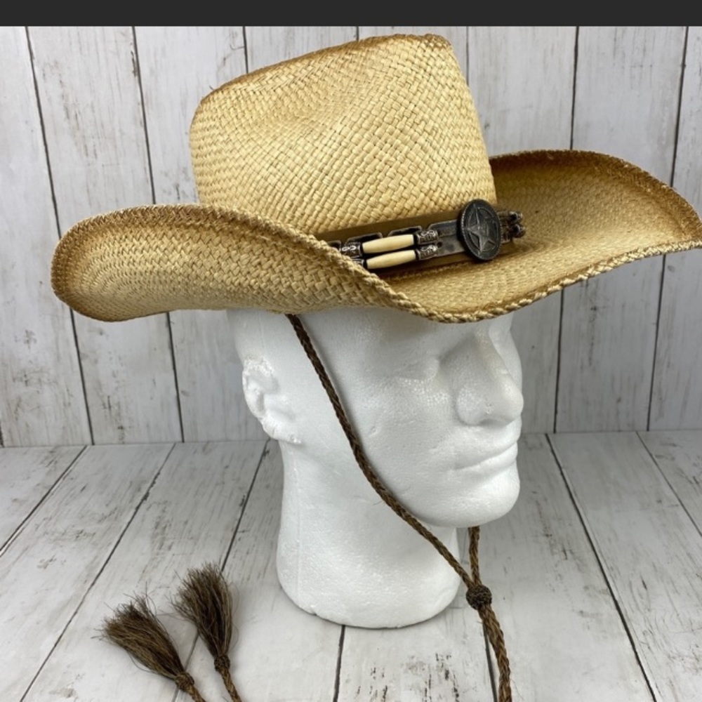 Bullhide Monte Carlo Dundee Straw Cowboy Hat Chin Strap Tassel Tan Star